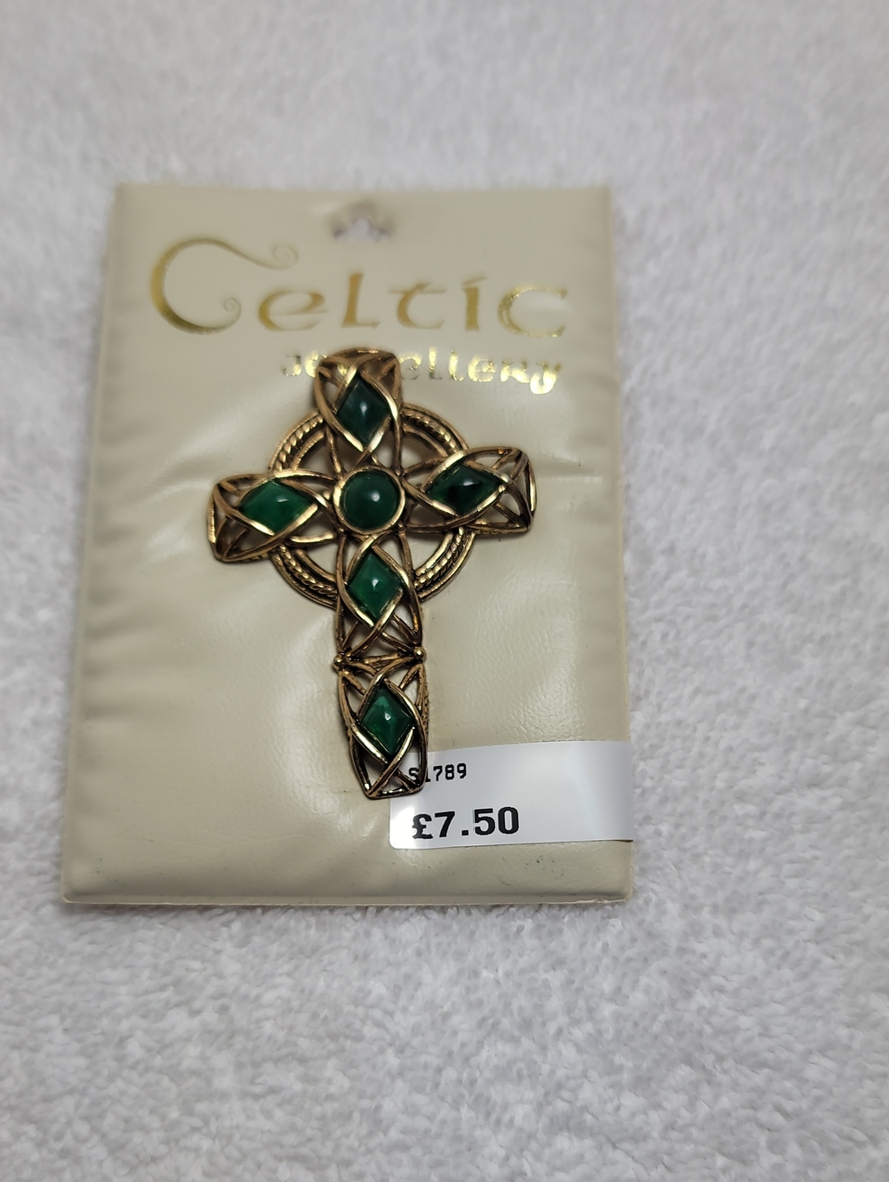 Green Stone Cross Brooch - Gold Tone